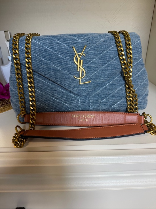 Saint Laurent Handbags - Saint Laurent Denim Quilted Shoulder Bag in Blue Denim with Tan Strap